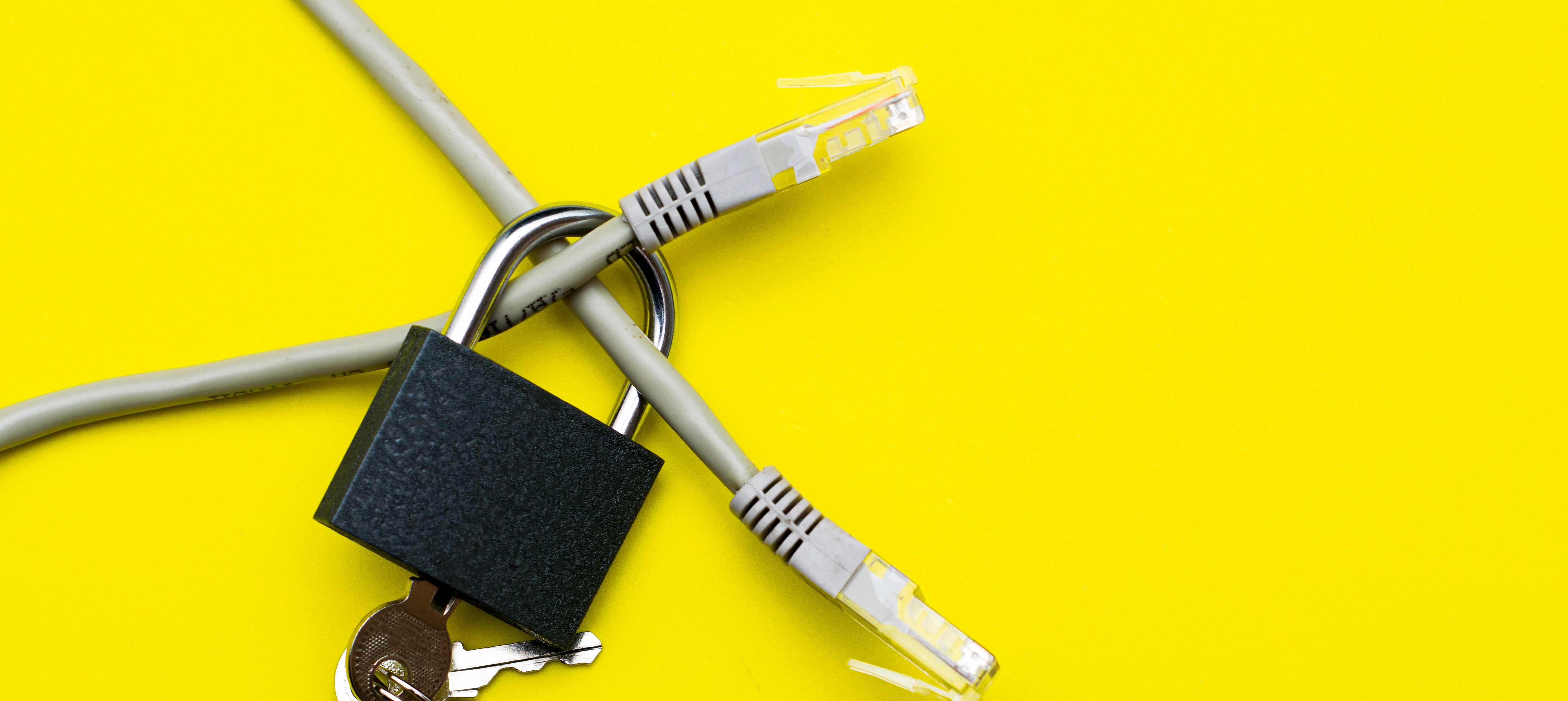 An zwei technischen Kabeln hängt symbolisch ein Vorhängeschloss als Symbol für den Datenschutz.
