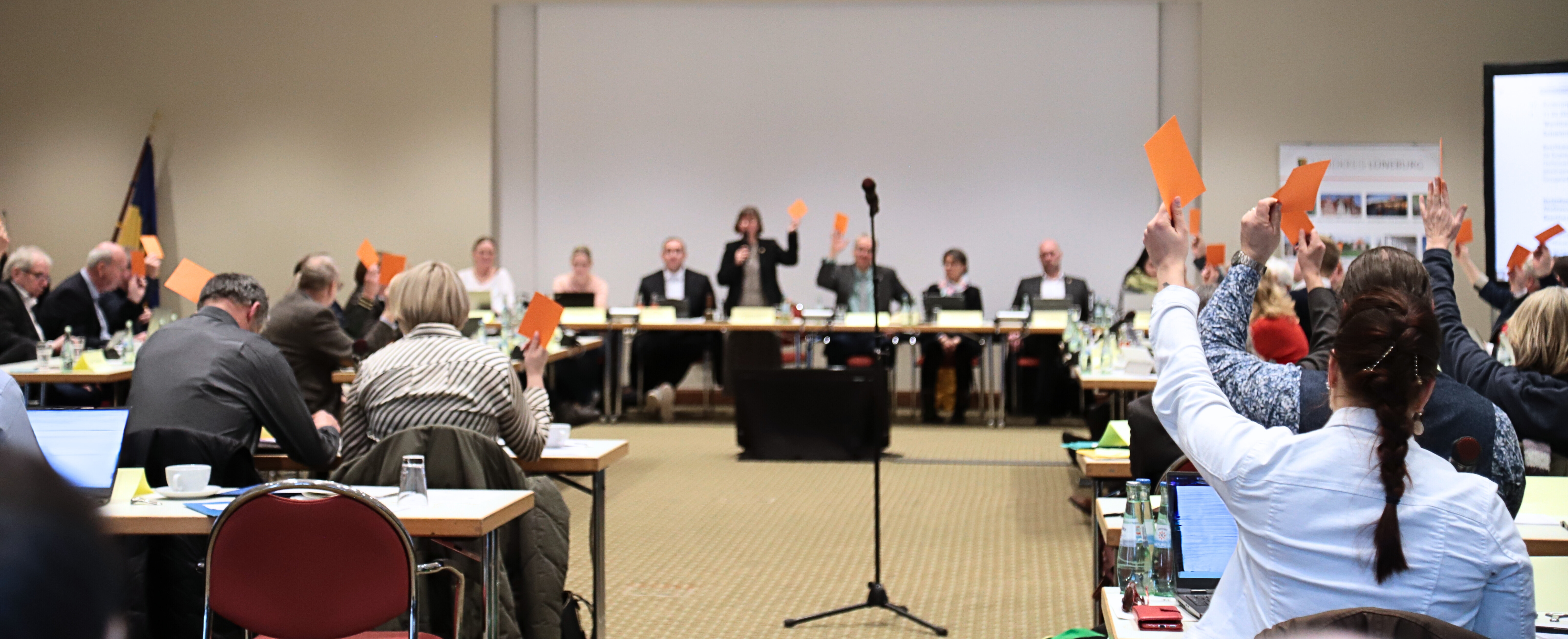 Abstimmung per Handzeichen in einer Kreistagssitzung.