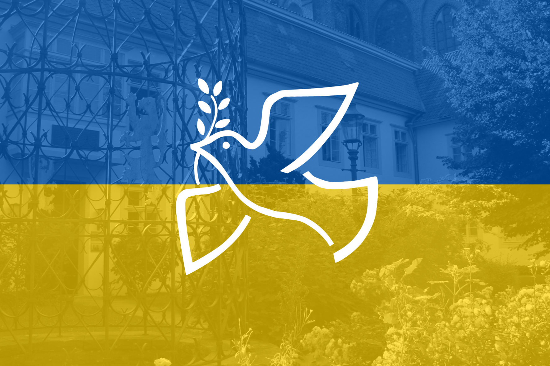 blau-gelbe Flagge der ukraine mit einer weißen Friedenstaube darauf.