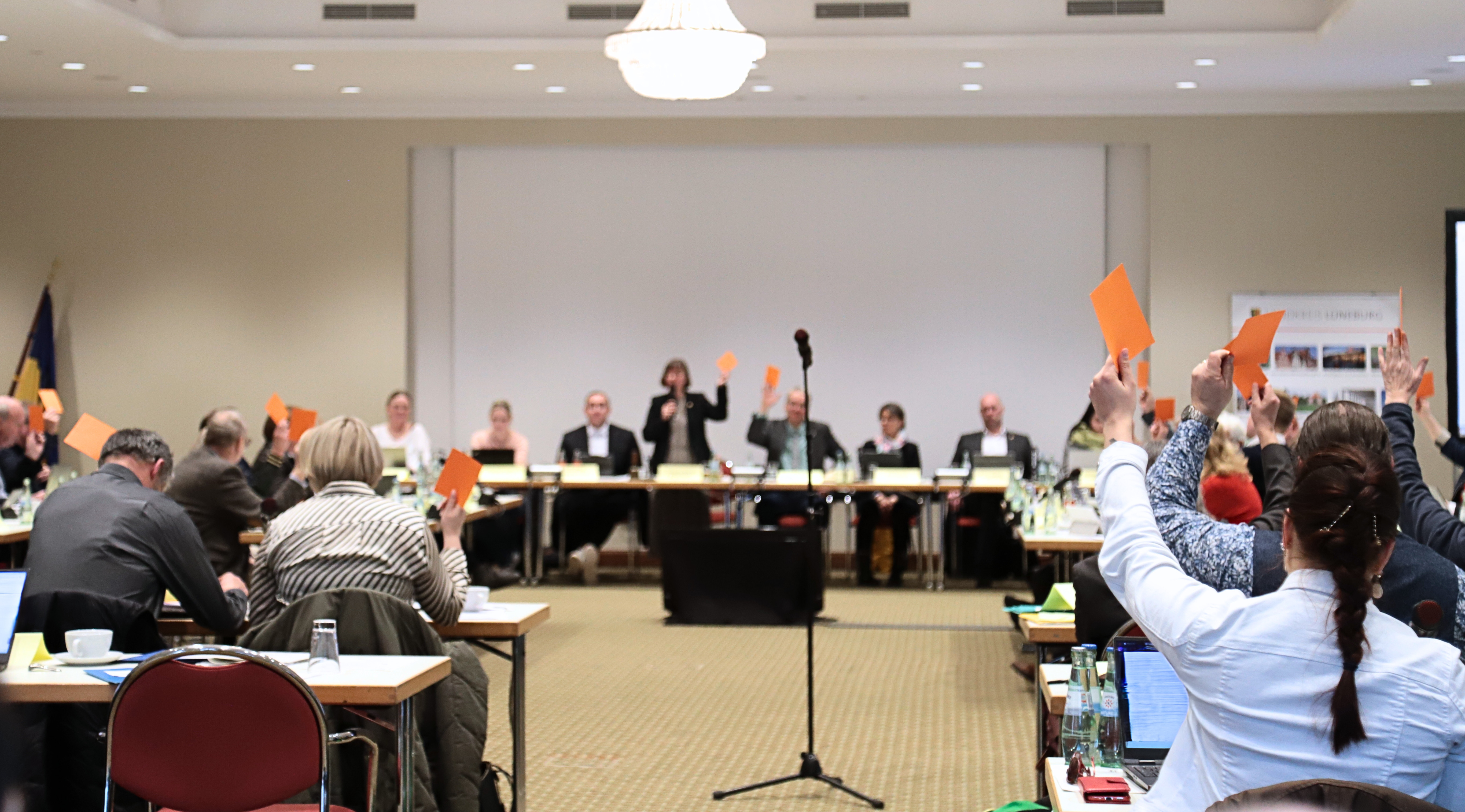 Abstimmung per Handzeichen in einer Kreistagssitzung.