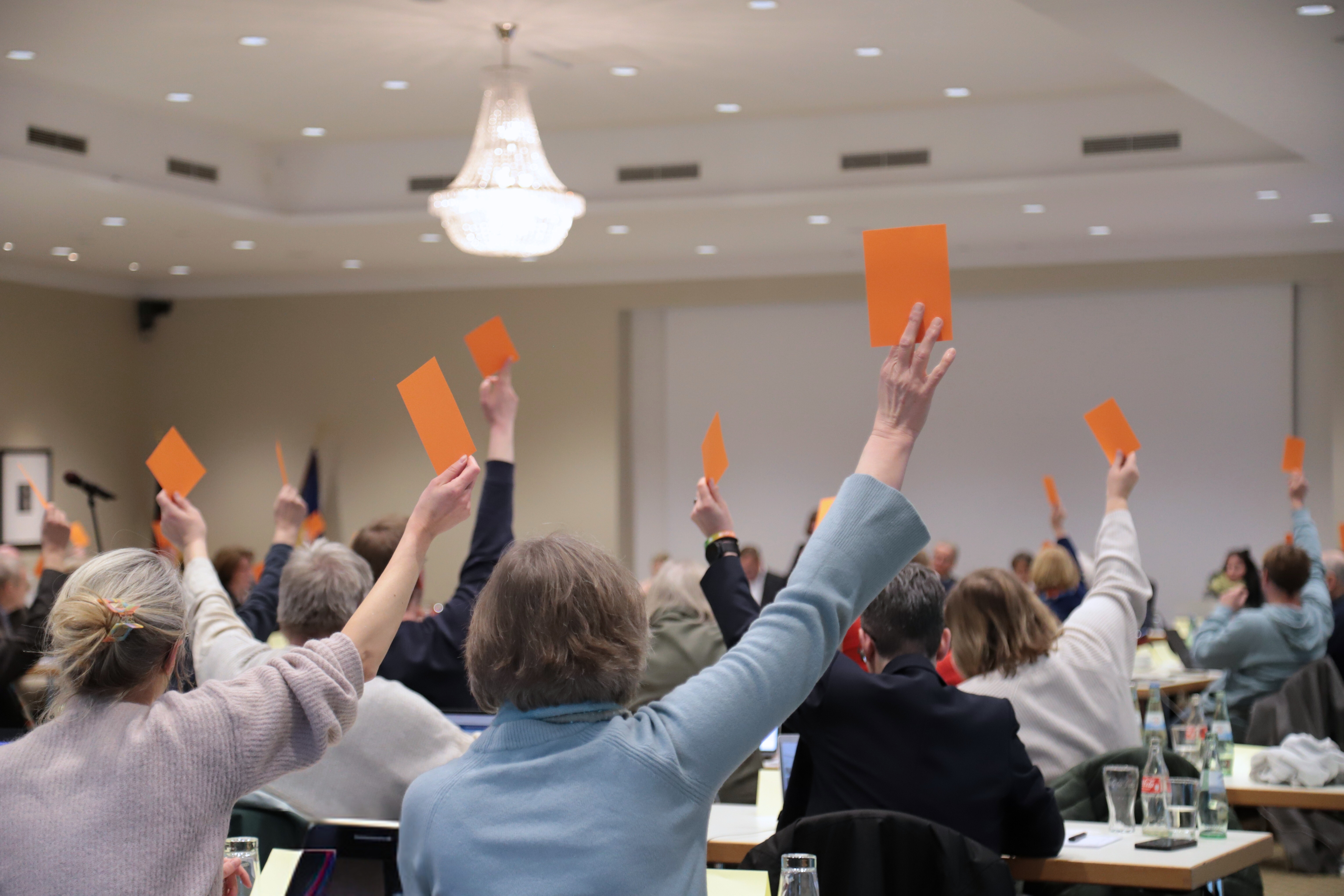 Abstimmung per Handzeichen in einer Kreistagssitzung.