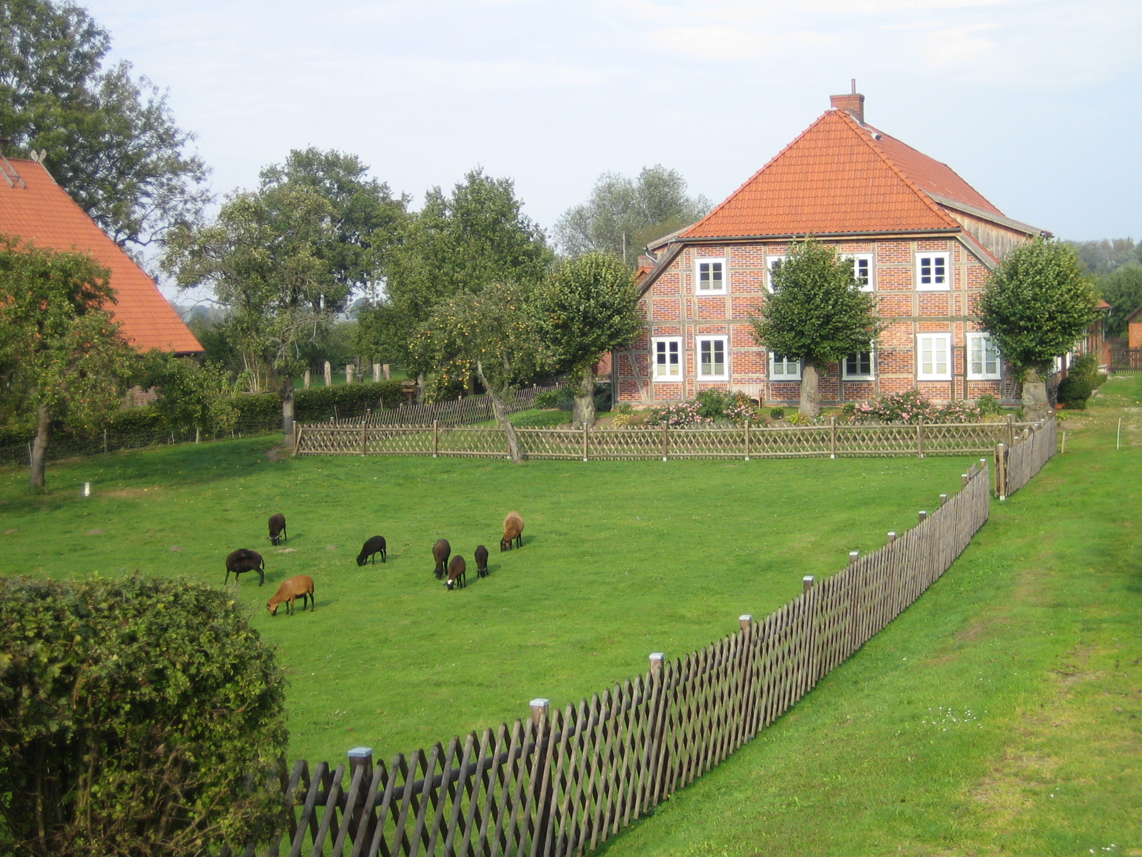 Ein großes Bauernhofhaus mit Tieren davor.